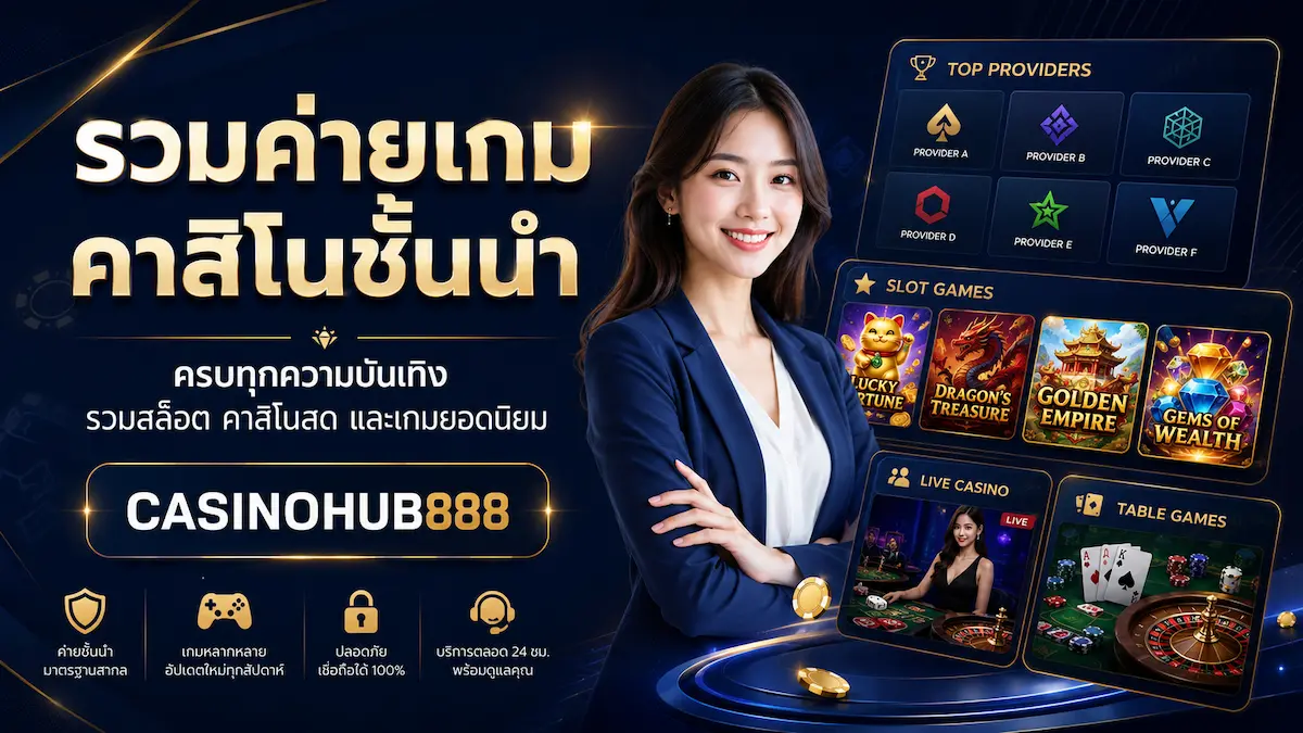 แบนเนอร์ CASINOHUB888 สำหรับหน้าค่ายเกมคาสิโนชั้นนำ แสดงรายชื่อผู้ให้บริการเกมคาสิโน เกมสล็อต คาสิโนสด และเกมโต๊ะ ในดีไซน์สีน้ำเงินทองแบบมืออาชีพ