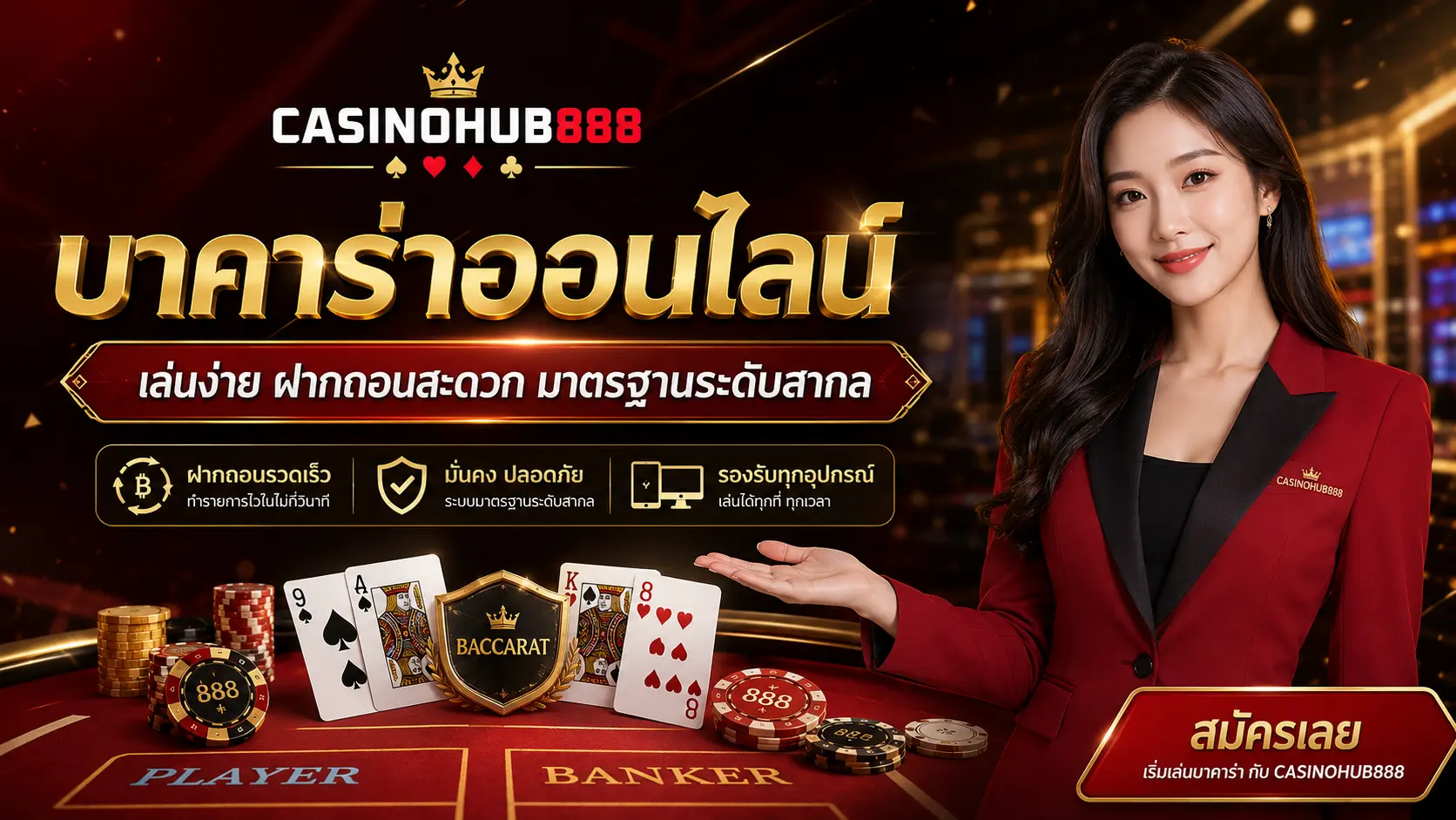 แบนเนอร์ CASINOHUB888 สำหรับหน้าบาคาราออนไลน์ แสดงโต๊ะบาคาร่า ไพ่คาสิโน ชิปเดิมพัน และพรีเซนเตอร์แต่งกายสุภาพ ในดีไซน์สีแดงดำทองแบบพรีเมียม พร้อมข้อความเกี่ยวกับการเล่นง่าย ฝากถอนสะดวก และมาตรฐานระดับสากล